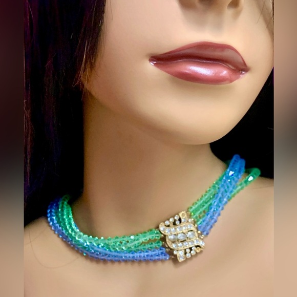 Vintage Blue & Green Glass Faceted Bead Multi-Strand Choker Collar Necklace - Picture 3 of 11